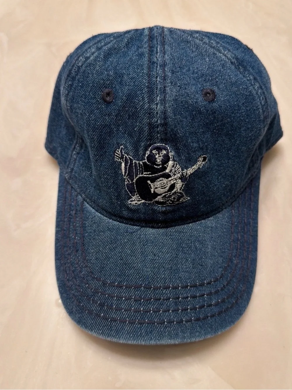 True Religion Blue Denim Baseball Cap with Embroidered Buddha Guitar